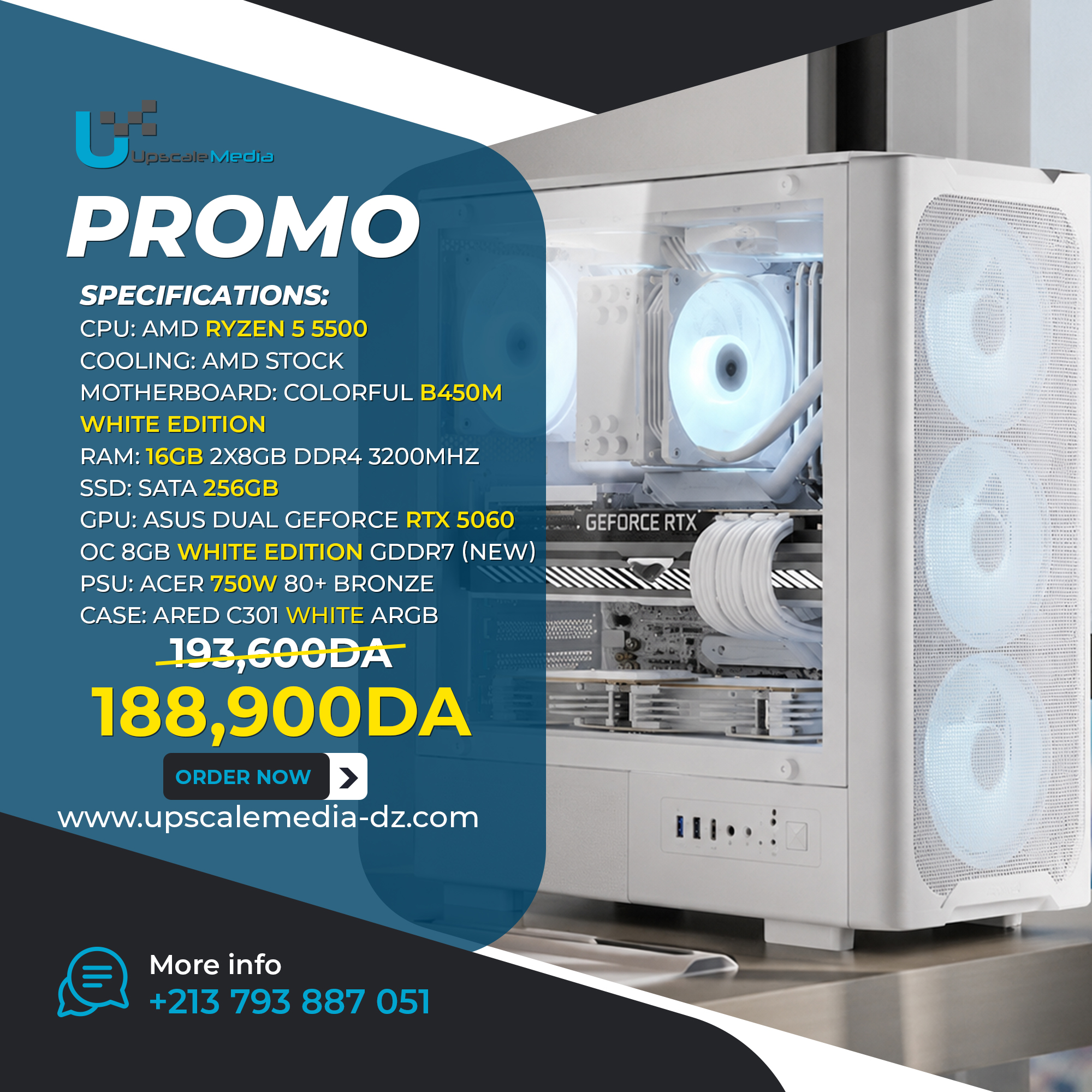Gaming PC AMD Ryzen 5 5600 with RTX 5060 White - upscalemedia-dz.com